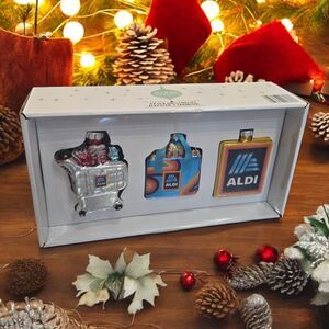 NEW Sealed Aldi Christmas Merry Moments 3 Pack Holiday Blown Glass Ornament Set